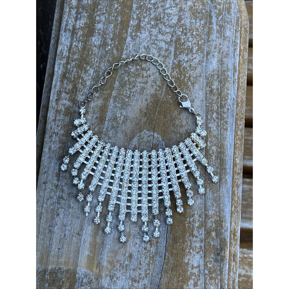 Prong Rhinestone Crystal Bracelet Silver Tone Tassel Fringe Dangle Bridal Clear